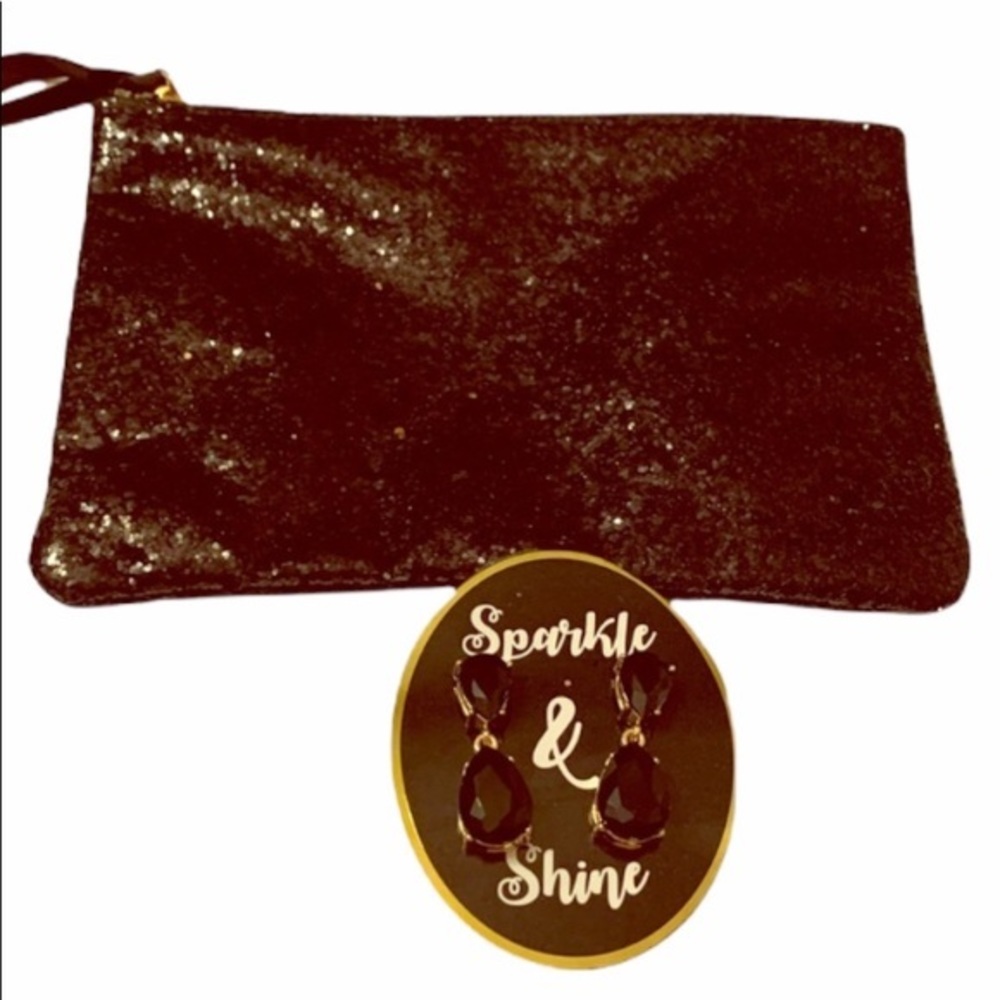 Sparkle & Shine Black Earrings & Cosmetic Bag Nwot